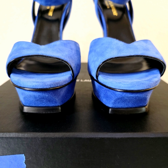 Saint Laurent Blue Suede Platform Stiletto Ankle Strap Buckle Heels EU 38 - Picture 7 of 13